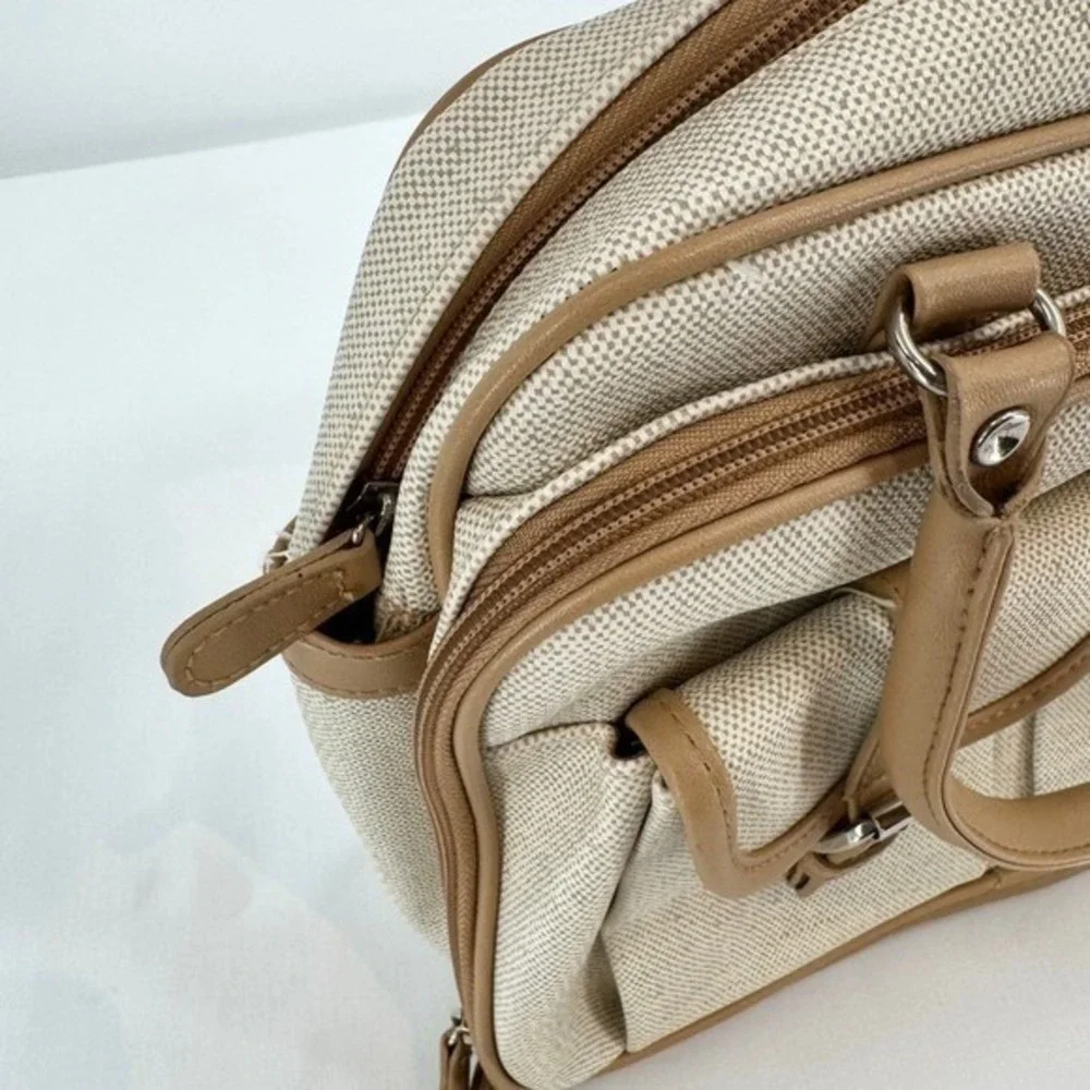 Vintage Faux Canvas Organizer Satchel Bag‎ Tan Cream Multi Pocket Briefcase